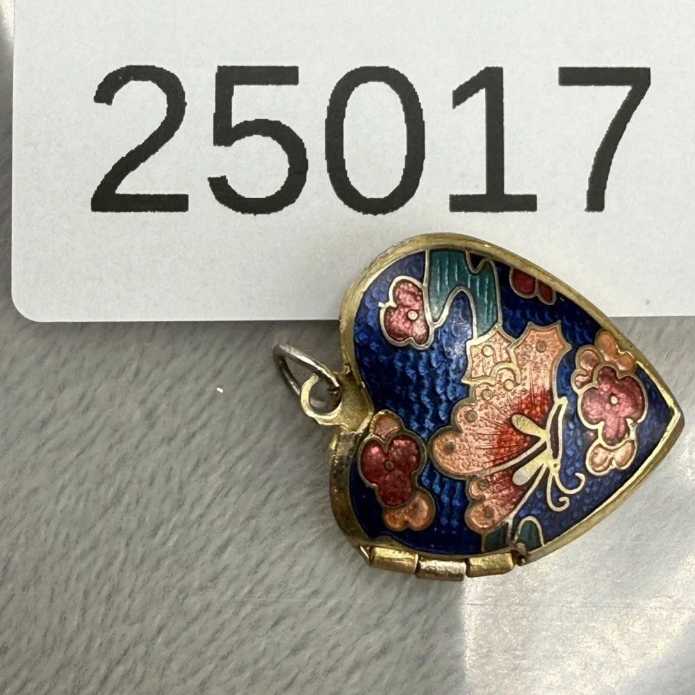 Vintage Cloisonne Locket Gold Tone Enamel Heart Butterfly Double Sided